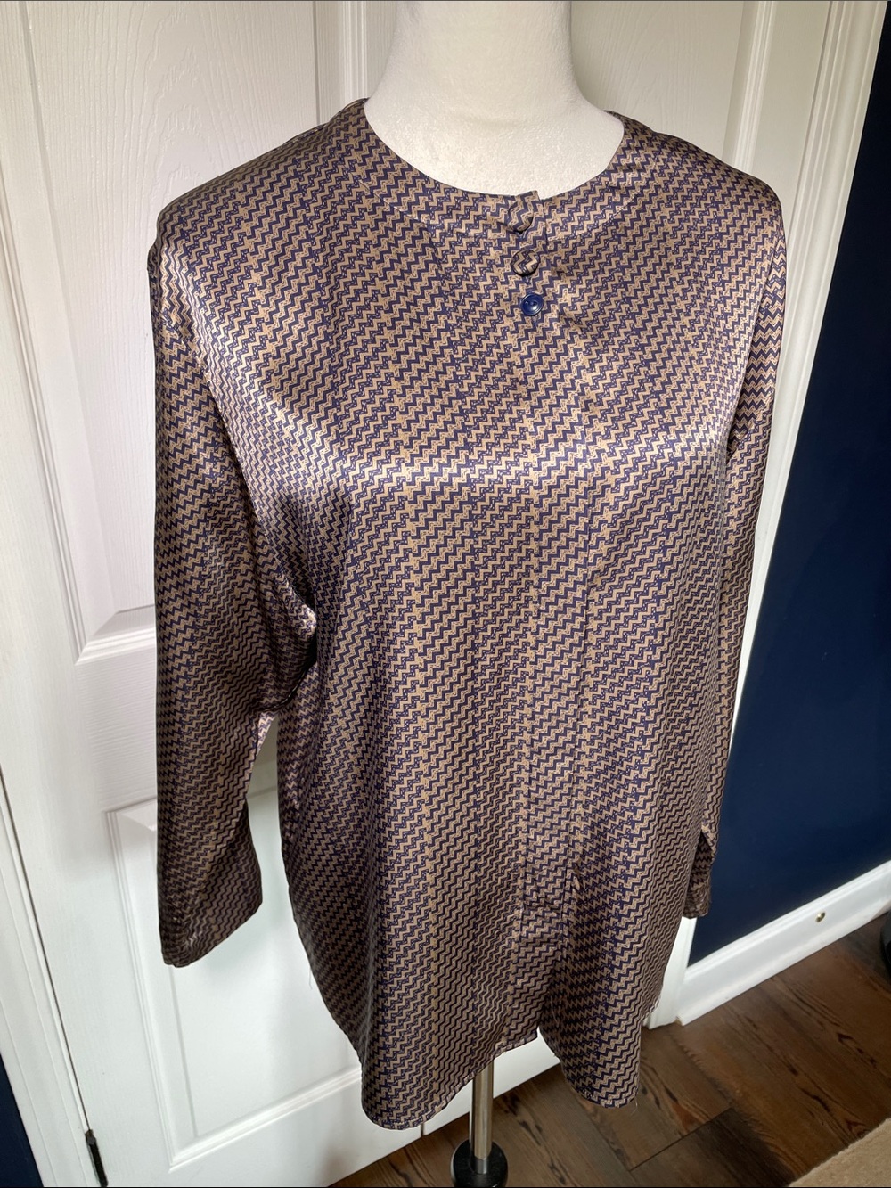VTG Spitalnick & Co Saks Fifth Ave Silk Shirt Blue Beige ZigZag Optical Art Deco